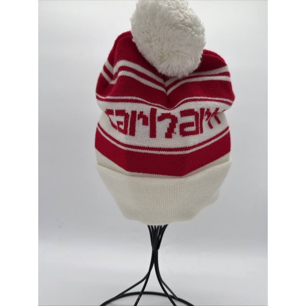 Carhartt Knit PomPom Cuffed Logo Beanie Red & White Stocking Hat New - Picture 3 of 6